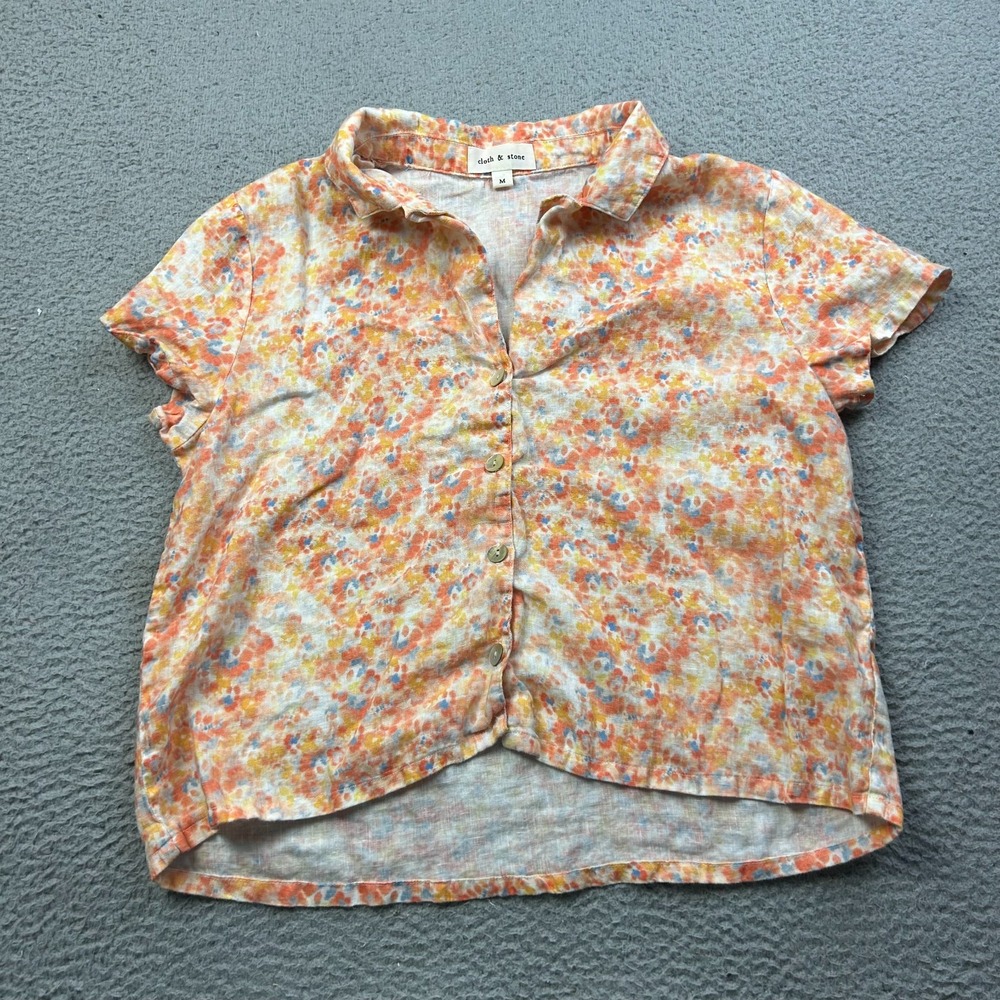 Cloth & Stone Boxy Linen Surf Shirt Womens Medium Orange Peach Floral Blouse M